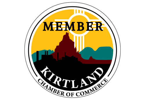 Kirtland Chamber Member default logo featuring the Kirtland Chamber of Comerce logo with Shiprock and the Zia sun symbol in the background and the word member across it.